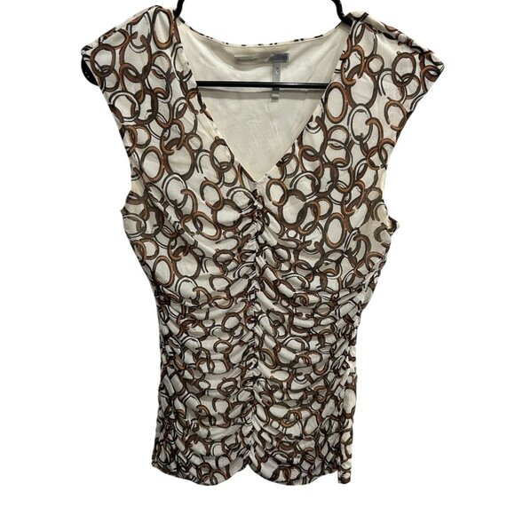 Classiques Entier V Neck Ruched Sleeveless Top Beige Brown Circle Print Sz M - Picture 1 of 8